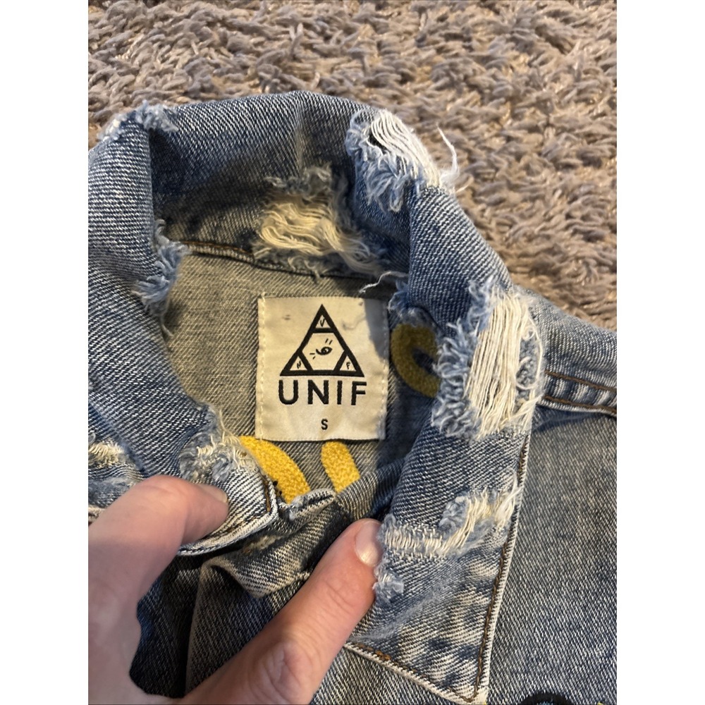 UNIF Outsider Denim Jacket Distressed Rose F*ck Embroidered Size S Small - Picture 8 of 12